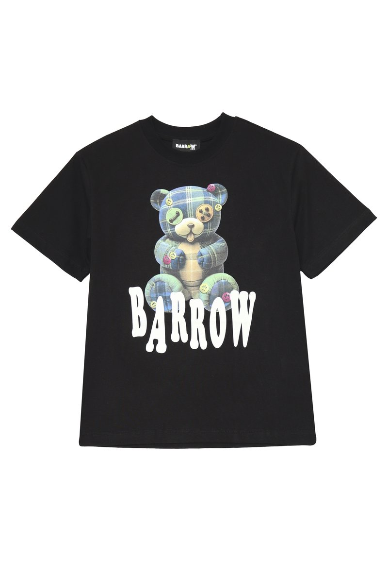 T-shirt in cotone nero con una grafica di un orsetto di peluche con un motivo a quadri, circondato da bottoni colorati e la scritta "BARROW" in bianco.