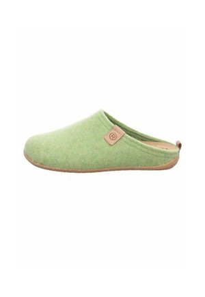 Green felt slipper with a soft texture, rounded toe, and a brown leather tag. The sole is slightly curved and made of a natural material.