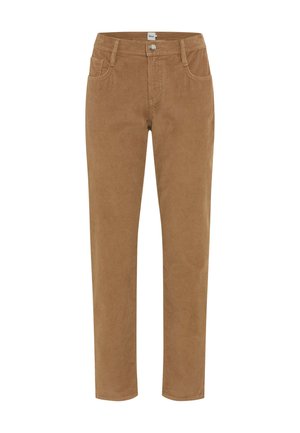 Bruine corduroy broek met een rechte pasvorm, voorzien van vier zakken en een metalen knoopsluiting in de taille, met een textuur van verticale ribbels.
