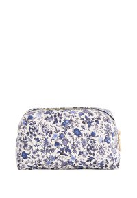 Kompaktan platneni vezi s plavim i crnim cvjetnim uzorkom i zlatnom oznakom na bijeloj pozadini.