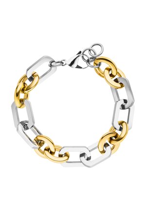 Kettenarmband mit abwechselnd polierten Silber- und Goldgliedern, mit einem Karabinerverschluss. Beinhaltet rechteckige und ovale Formen.