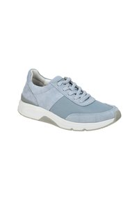 Light blue suede sneaker with mesh panels, lace-up design, a white rubber sole, and gray accents on the heel and side.