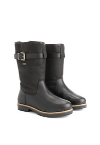 Een paar zwartleren laarzen tot halverwege het kalf met gestructureerde bovenkanten, zijgespen en rubberen zolen met een tan-kleurige afwerking.