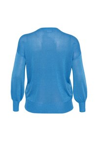 Blauwe, lichtgewicht trui met een losse pasvorm, ronde hals en lange, iets gepofte mouwen. Doorzichtig materiaal met een subtiele glanseffect.
