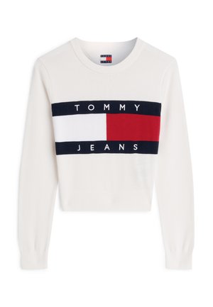 Maglione corto bianco a maniche lunghe con collo rotondo, caratterizzato da un grande logo Tommy Jeans blu navy, bianco e rosso sul petto.