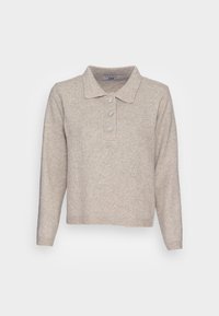 Beige gebreide pullover met een kraag, drie decoratieve knopen en lange mouwen. Ribbeltextuur bij de manchetten en de onderkant.