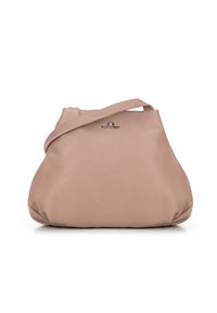 Borsa a tracolla in pelle rosa chiaro con un'unica cinghia e piccolo logo metallico del marchio centrato vicino alla parte superiore.