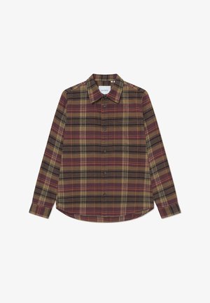 Chemise à manches longues boutonnée, motif à carreaux marron, bordeaux et vert olive, col ouvert et ourlet droit, posée à plat.