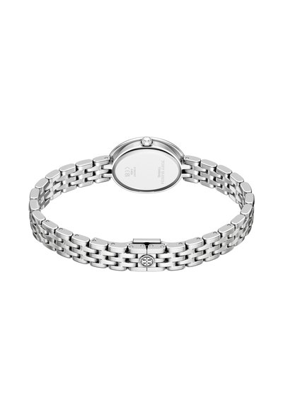 Silberne Armbanduhr aus Metall mit ovalem Gehäuse, Gliederarmband, glatter Oberfläche und einem Verschluss mit einem kreisförmigen Logo in der Mitte.