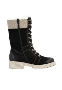 Black boots with a suede finish, beige wool upper, white faux fur collar, side zipper, lace-up front, and textured rubber sole.