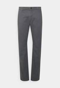 Pantalon en coton gris avec une coupe droite, doté d'une fermeture à boutons sur le devant et de poches latérales. Texture lisse et coutures minimales.