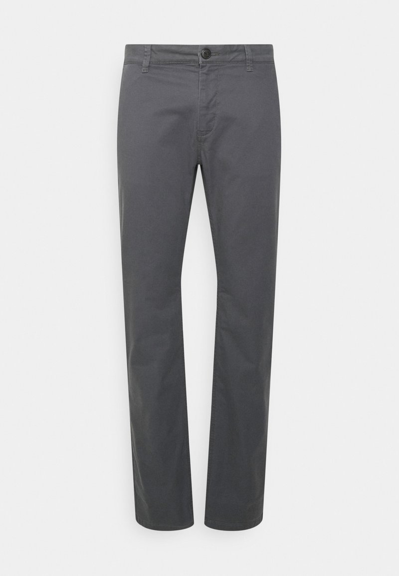 Pantalon en coton gris avec une coupe droite, doté d'une fermeture à boutons sur le devant et de poches latérales. Texture lisse et coutures minimales.