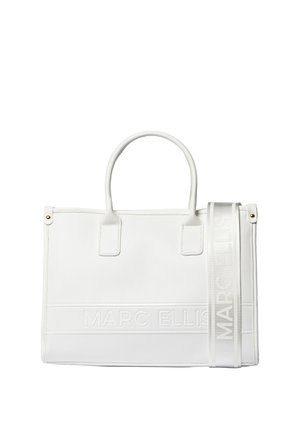 Sac à main rectangulaire blanc avec deux petites poignées et une bandoulière amovible embossée du nom de la marque "MARC ELLIS".