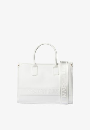 Sac à main rectangulaire blanc avec deux petites poignées et une bandoulière amovible embossée du nom de la marque "MARC ELLIS".