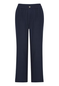Pantalone od laganog materijala u tamnoplavoj boji s elastičnim pojasom, ravnim nogavicama i jednim detaljem kopčanja sprijeda.