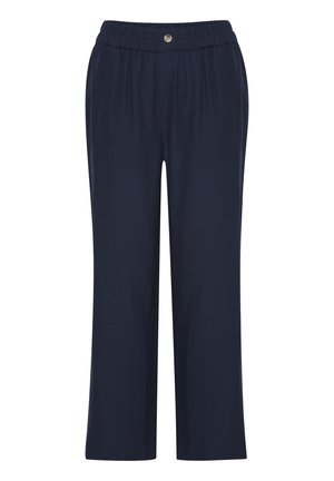 Námornícky modré, ľahké látkové nohavice s elastickým pásom, rovnými nohavicami a jedným predným gombíkom.