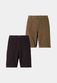 Två par shorts: ett i svart och ett i olivgrön. Båda har en slät tygkvalitet, raka ben och framknäppning.