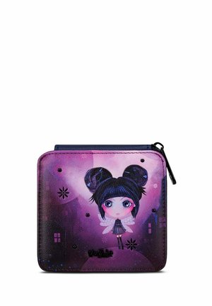 Purple faux leather wallet featuring a cartoon girl with blue eyes, black hair in two buns, and decorative stars and flowers on the surface.