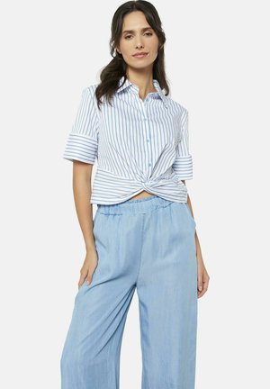 White shirt with blue stripes, short sleeves, and knot detail at the waist, paired with light blue wide-leg pants. Smooth fabric texture.