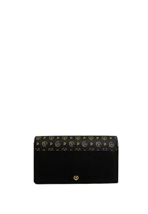 Portafoglio nero con una parte superiore decorata in marrone e oro che presenta loghi ripetuti. Design strutturato, con chiusura a bottone e superficie testurizzata.