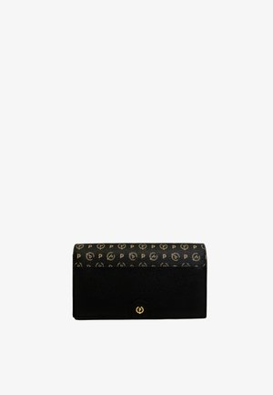 Portafoglio nero con una parte superiore decorata in marrone e oro che presenta loghi ripetuti. Design strutturato, con chiusura a bottone e superficie testurizzata.