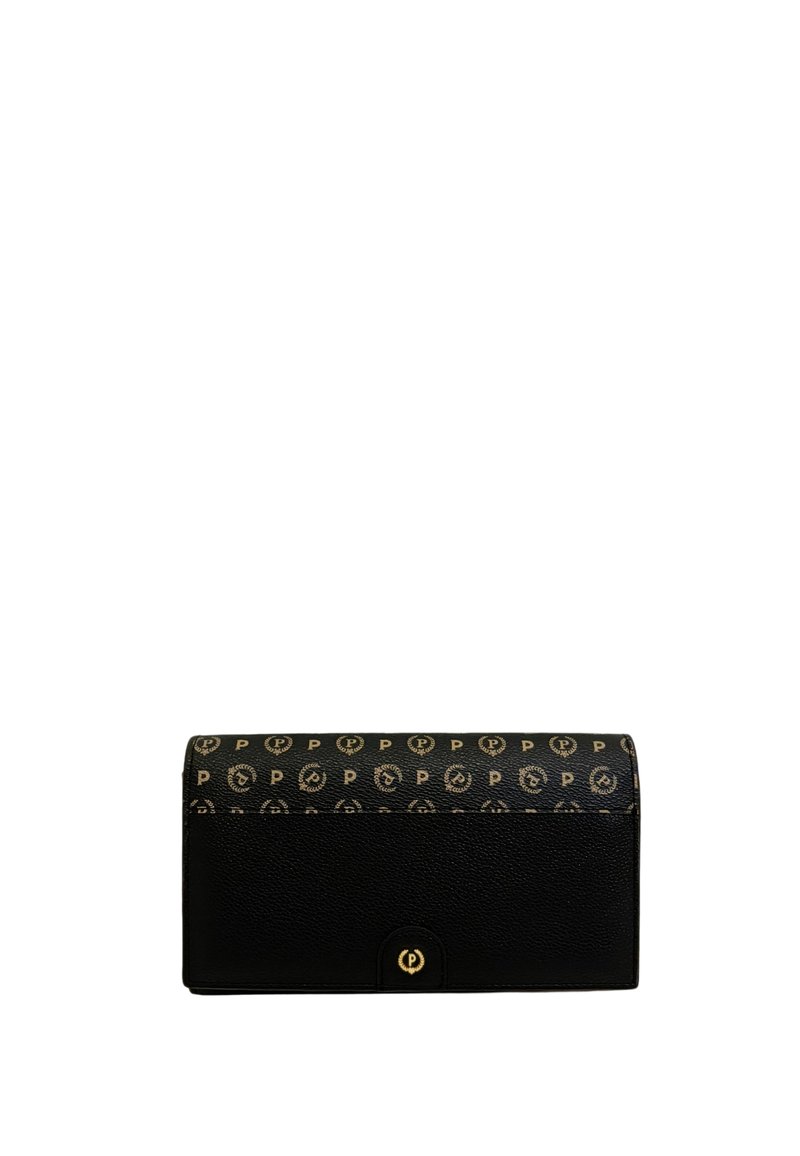 Portafoglio nero con una parte superiore decorata in marrone e oro che presenta loghi ripetuti. Design strutturato, con chiusura a bottone e superficie testurizzata.