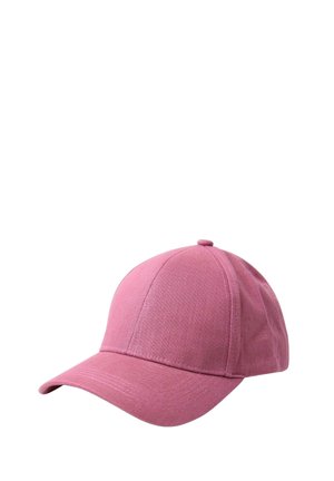 Lyserød baseballkasket med buet skygge og topknap, lavet af tekstureret stof, isoleret på hvid baggrund.