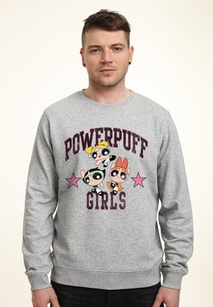 Gray sweatshirt featuring the "Powerpuff Girls" logo and characters, with pink stars, ribbed cuffs, and round neck design.