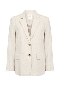 Beige liinakangast bleiser, ühe nööbiga disain, kaks esist pocketit, kuldtoonilised nööpide, lõhenenud krae ja puhtad jooned tekstureeritud viimistlusega.