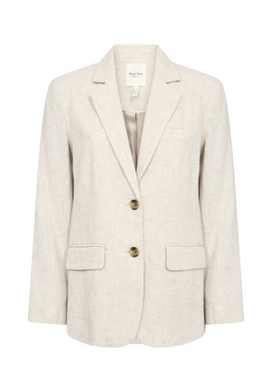 Beige Leinenblazer, einreihiges Design, zwei frontale Taschen, goldfarbene Knöpfe, Reverskragen und klare Linien mit einer strukturierten Oberfläche.