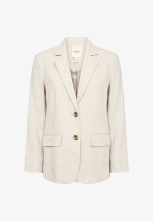 Beige liinakangast bleiser, ühe nööbiga disain, kaks esist pocketit, kuldtoonilised nööpide, lõhenenud krae ja puhtad jooned tekstureeritud viimistlusega.