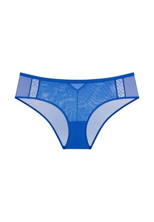 Culotte hipster en mesh bleu pour femme avec panneaux transparents et coutures décoratives sur les côtés, présentée à plat sur fond blanc.