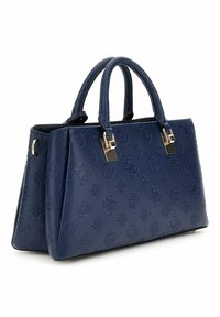 Sac à main bleu marine en simili cuir, au design structuré, avec des poignées supérieures doubles et des accents en métal argenté.
