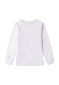 Weißes Langarm-T-Shirt aus Baumwolle. Verfügt über einen einfachen Rundhalsausschnitt und elastische Ärmelbündchen. Glatte Textur, keine Muster oder Akzente.