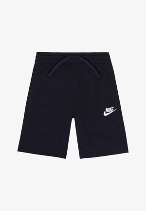 Navy cotton shorts with elastic waistband, drawstring, and white Nike logo on the left thigh. Smooth texture and knee-length design.