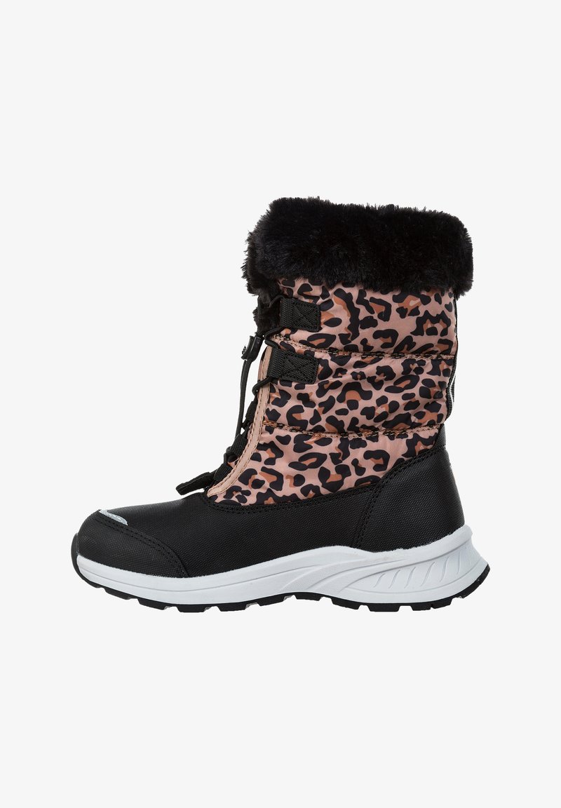 Schwarz-rosa Leopardenmuster Winterstiefel mit einem Kunstfellkragen, Schnürverschluss, klobiger weißer Sohle und strukturiertem Gummiboden für Traktion.