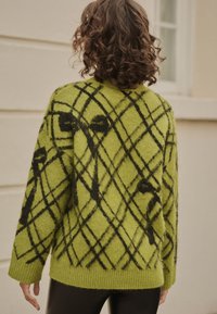Green fuzzy sweater with a black crisscross pattern, ribbed cuffs and hem. Oversized fit, featuring a textured, soft surface.