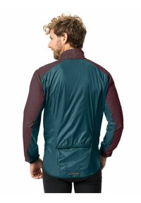 Giacca leggera con corpo color teal e maniche bordeaux. Presenta un colletto alto, una texture liscia e una tasca posteriore con logo.