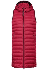 Rote Pufferweste mit Kapuze, ausgestattet mit horizontalen Steppabschnitten, einem Reißverschluss vorne und seitlichen Taschen zur Aufbewahrung.