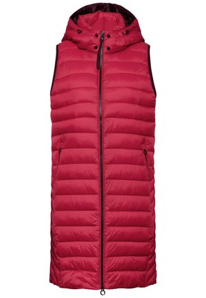 Gilet imbottito rosso con cappuccio, caratterizzato da sezioni trapuntate orizzontali, chiusura frontale con zip e tasche laterali per riporre oggetti.