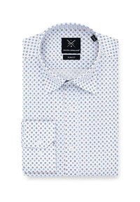 Biała koszula slim fit z niebieskim kwiatowym wzorem, z kołnierzykiem typu button-down i mankietami na jeden guzik. Materiał nieokreślony.