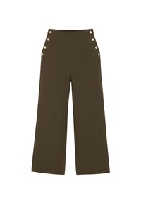 Pantalons larges en vert olive fabriqués dans un tissu doux, comportant des poches latérales, une taille lisse et des boutons dorés décoratifs à la taille.