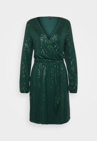 Robe portefeuille vert foncé à manches longues, longueur genou, ornée de sequins avec une ceinture en tissu assortie à la taille.