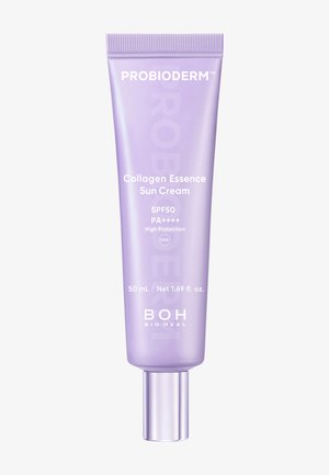 Paarse tube van Probioderm Collagen Essence zonnebrandcrème met SPF 50 en PA++++ hoge bescherming, 50 ml, van BOH Bio Heal.