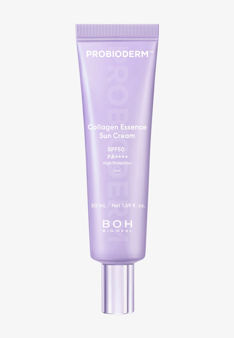 Paarse tube van Probioderm Collagen Essence zonnebrandcrème met SPF 50 en PA++++ hoge bescherming, 50 ml, van BOH Bio Heal.