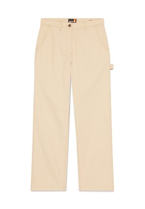 Pantalones beige de pierna recta confeccionados en tela ligera. Cuentan con dos bolsillos delanteros, trabillas para cinturón y costuras visibles.