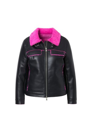 Veste en cuir noir avec col et doublure en fausse fourrure rose. Dispose de deux poches avant et de coutures roses, fermeture éclair. Manches mi-longues.