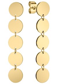 Boucles d'oreilles pendantes en or, comportant une série de disques circulaires reliés entre eux. Chaque disque est brillant, lisse et de forme uniforme.