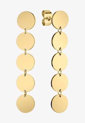 Gouden oorhangers in de vorm van hangers met een serie verbonden cirkelvormige schijven. Iedere schijf is glanzend, glad en gelijkmatig van vorm.