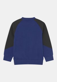 Felpa blu con maniche raglan nere, polsini a costine e collo rotondo. Texture liscia con design sportivo. Vista posteriore mostrata.